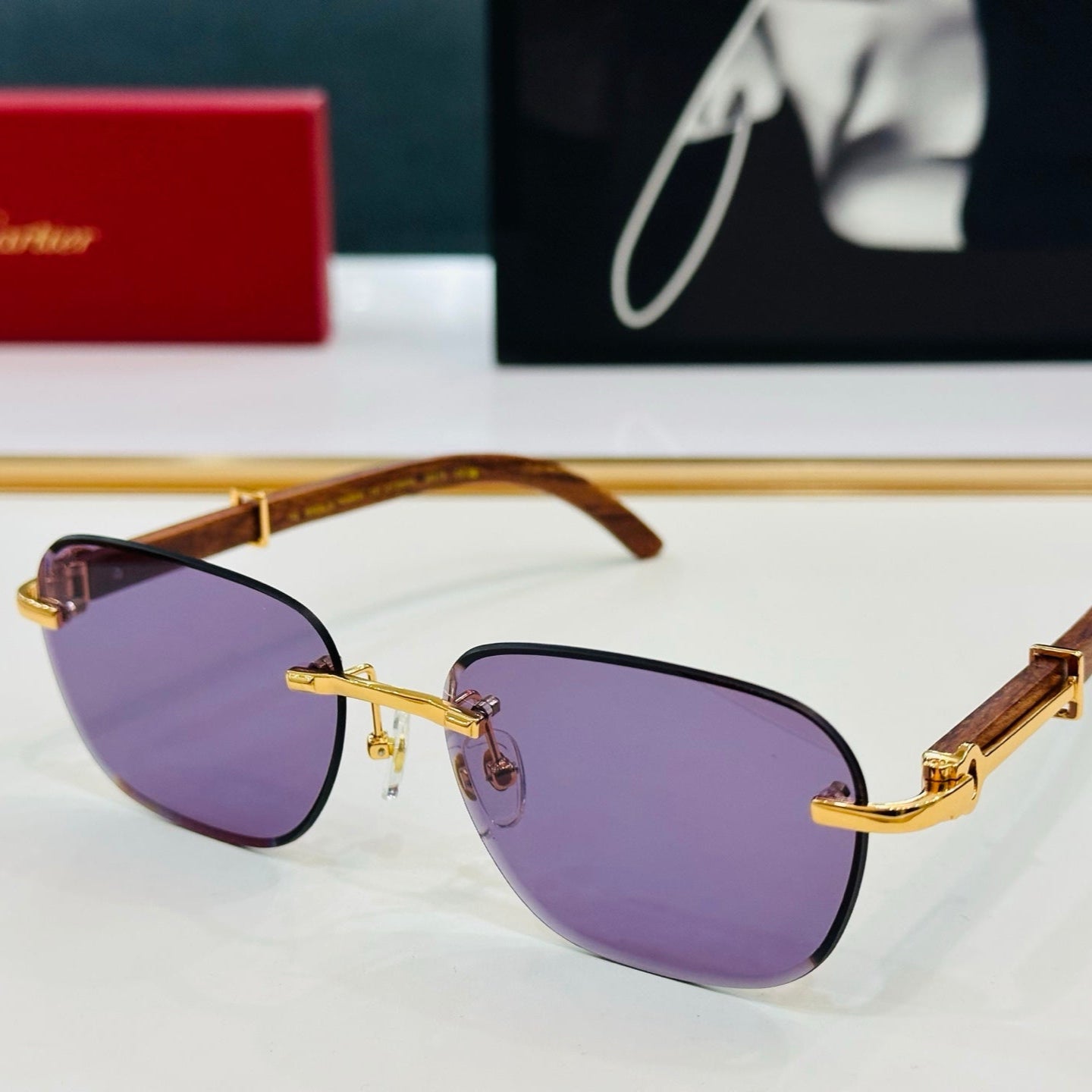 CARTIER RIMLESS SQUARE FRAME SUNGLASSES CT0605S IN METAL AND WOODEN