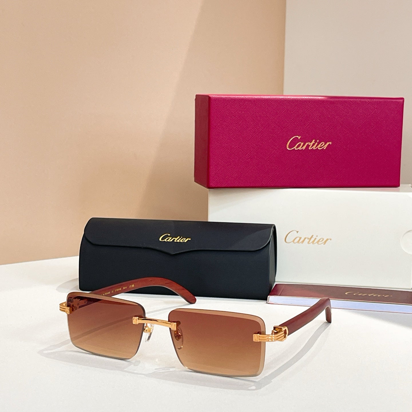 CARTIER RIMLESS RECTANGULAR FRAME SUNGLASSES CT0619S IN METAL AND WOODEN