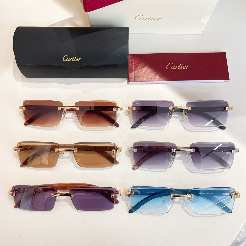 CARTIER RIMLESS RECTANGULAR FRAME SUNGLASSES CT0619S IN METAL AND WOODEN