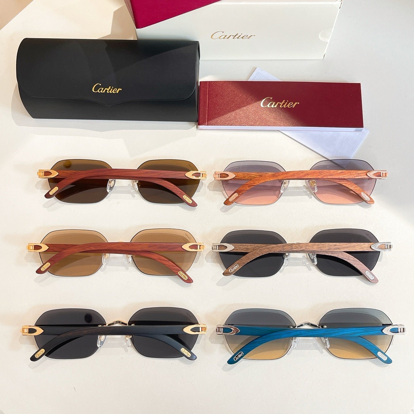 CARTIER RIMLESS GEOMETRIC FRAME SUNGLASSES 579510 IN METAL AND WOODEN