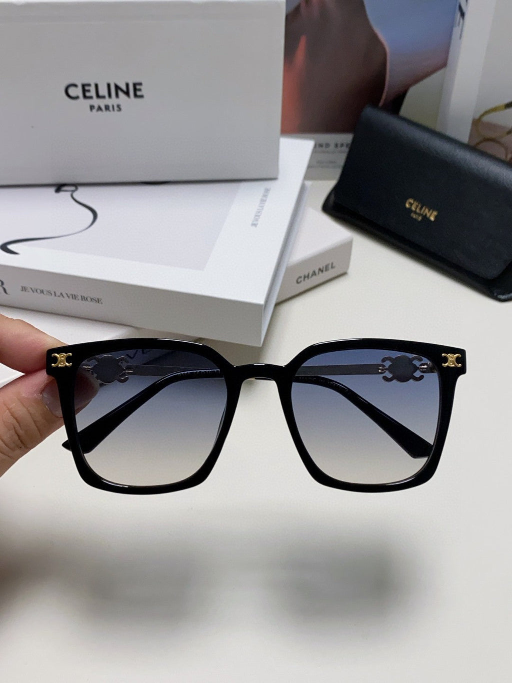 CELINE TRIOMPHE SUNGLASSES 497819 IN GOLD METAL BLACK SMOKE LENSES