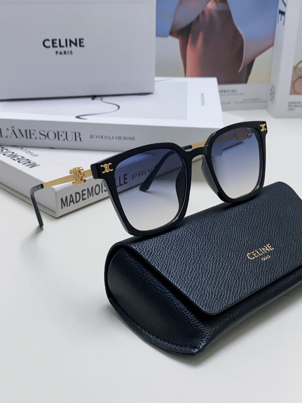 CELINE TRIOMPHE SUNGLASSES 497819 IN GOLD METAL BLACK SMOKE LENSES