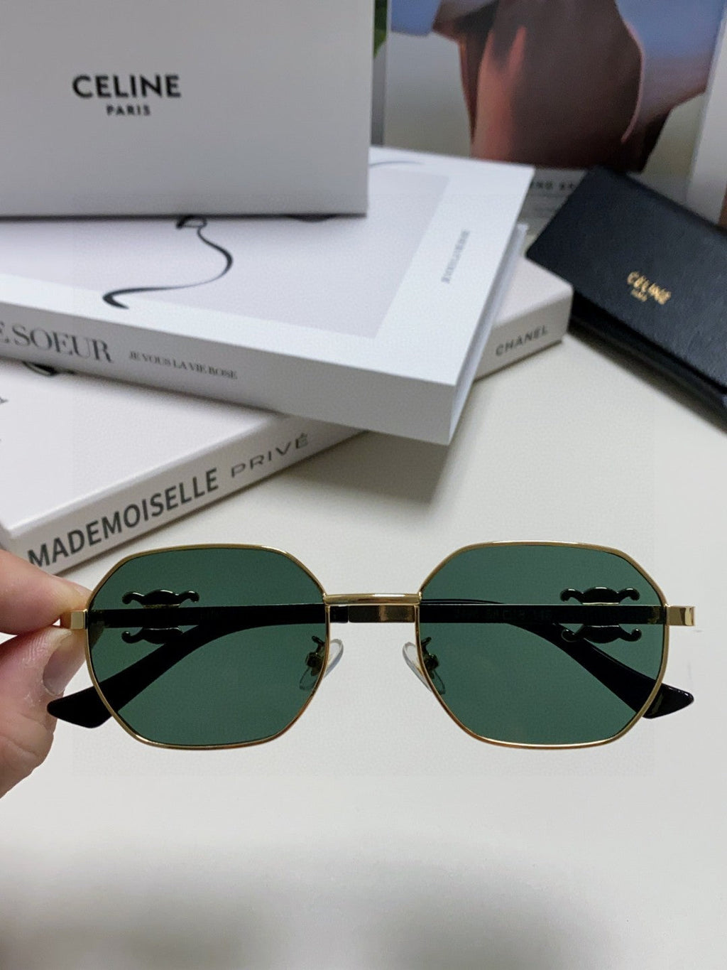 CELINE TRIOMPHE SUNGLASSES 497821 IN GOLD METAL DARK TEAL LENSES