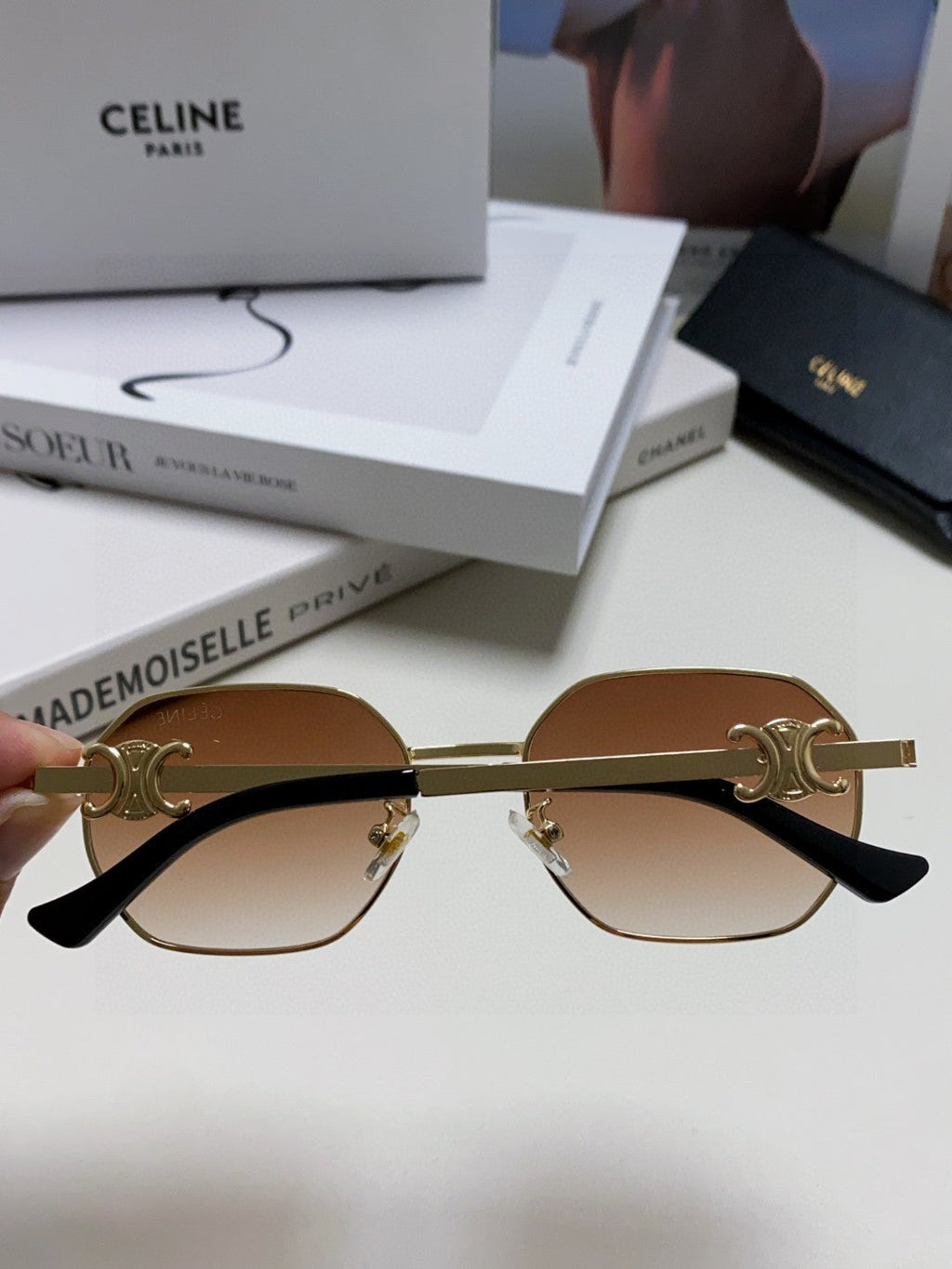 CELINE TRIOMPHE SUNGLASSES 497822 IN GOLD METAL BROWN SMOKE LENSES
