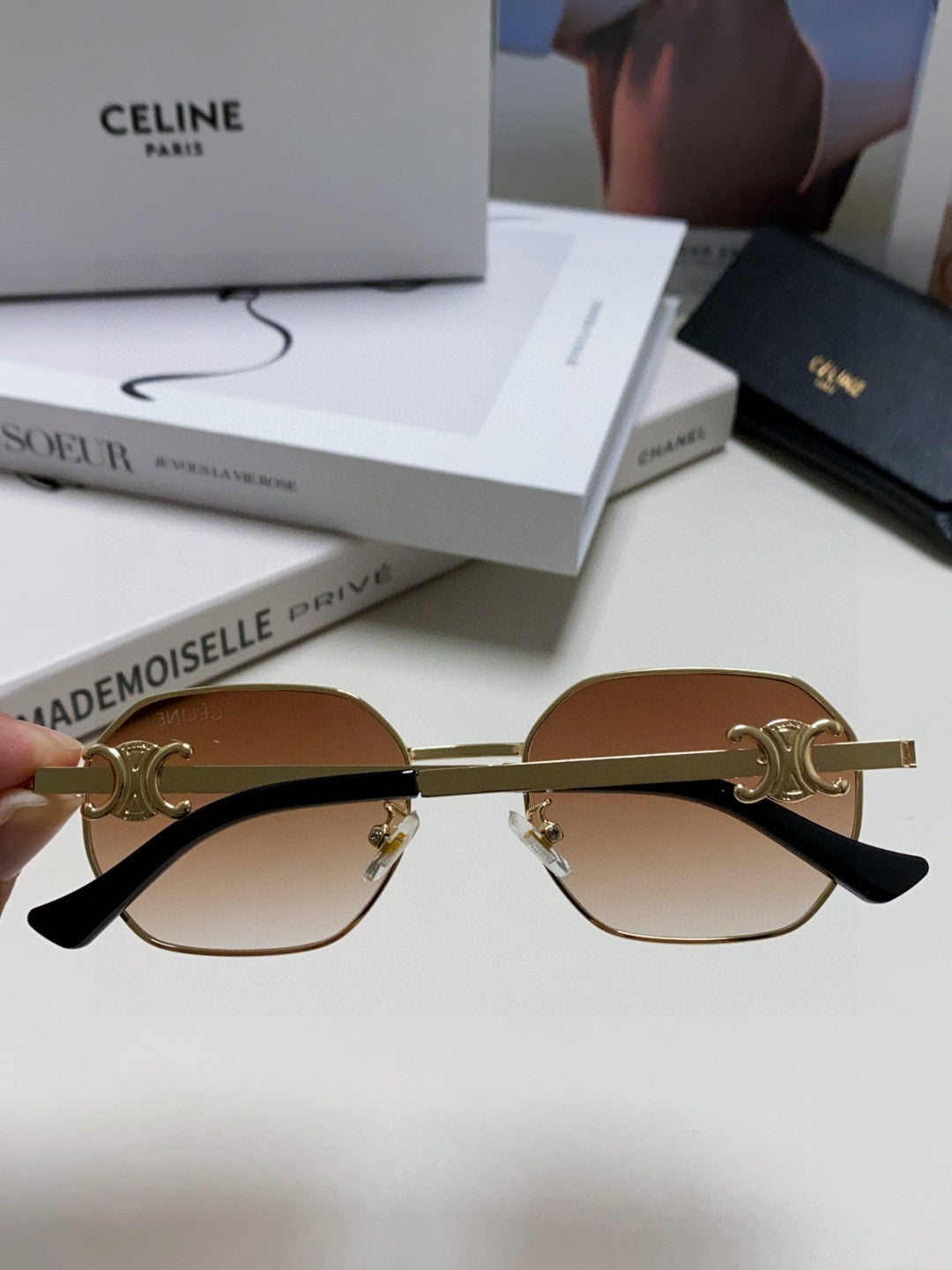 CELINE TRIOMPHE SUNGLASSES 497822 IN GOLD METAL BROWN SMOKE LENSES
