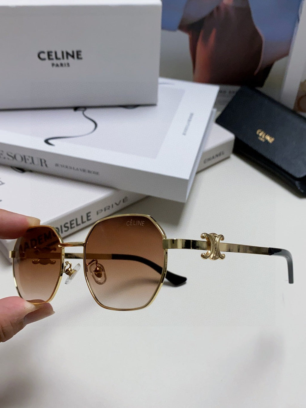 CELINE TRIOMPHE SUNGLASSES 497822 IN GOLD METAL BROWN SMOKE LENSES