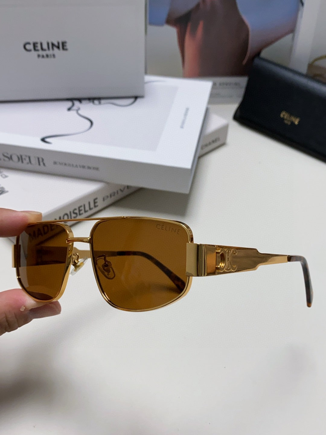 CELINE TRIOMPHE SUNGLASSES 512998 IN GOLD METAL BROWN LENSES