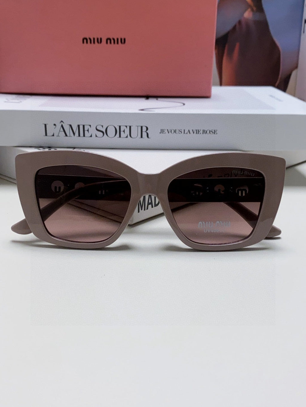 MIU MIU LOGO CAT EYE SUNGLASSES 513003 IN NUDE ACETATE