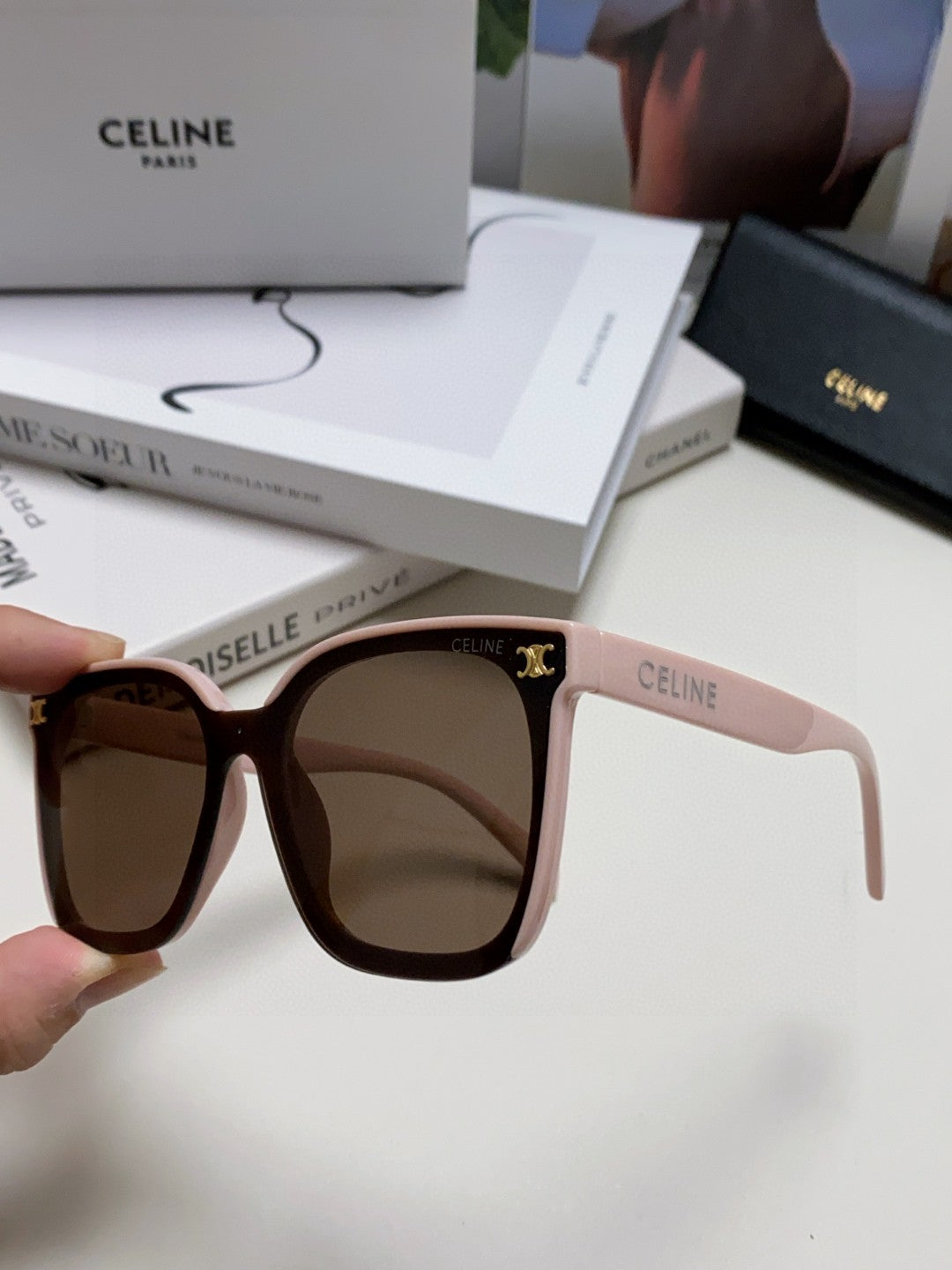 CELINE TRIOMPHE SUNGLASSES 552774 IN BABY PINK ACETATE TEXT LOGO