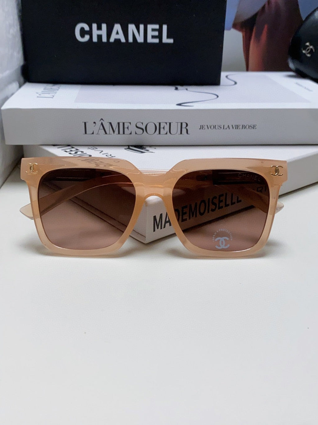 CHANEL SQUARE SUNGLASSES 632877 IN PINK CLEAR ACETATE
