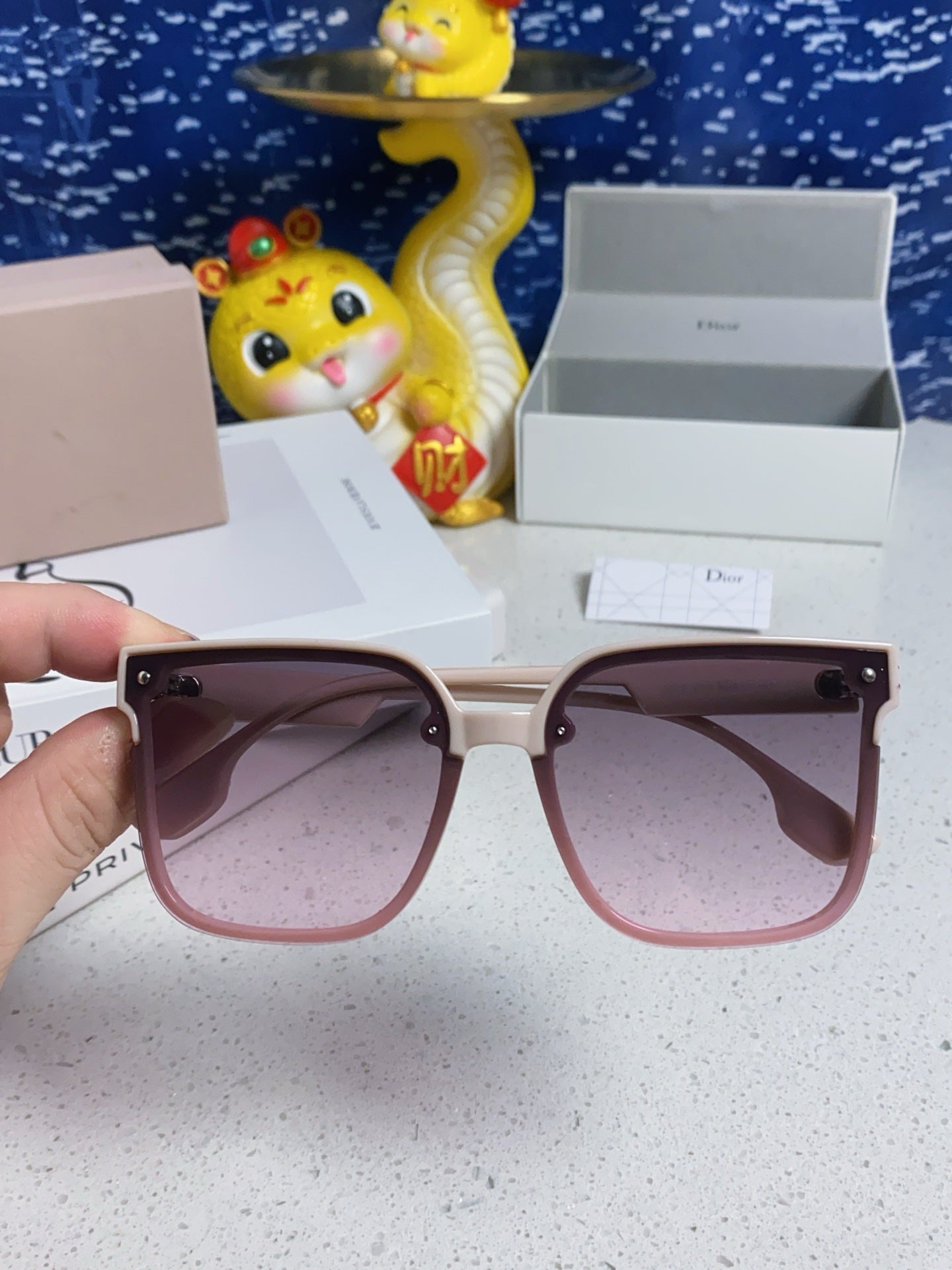 DIOR MONTAIGNE SUNGLASSES 560859 IN BEIGE ACETATE PINK SMOKE LENSES