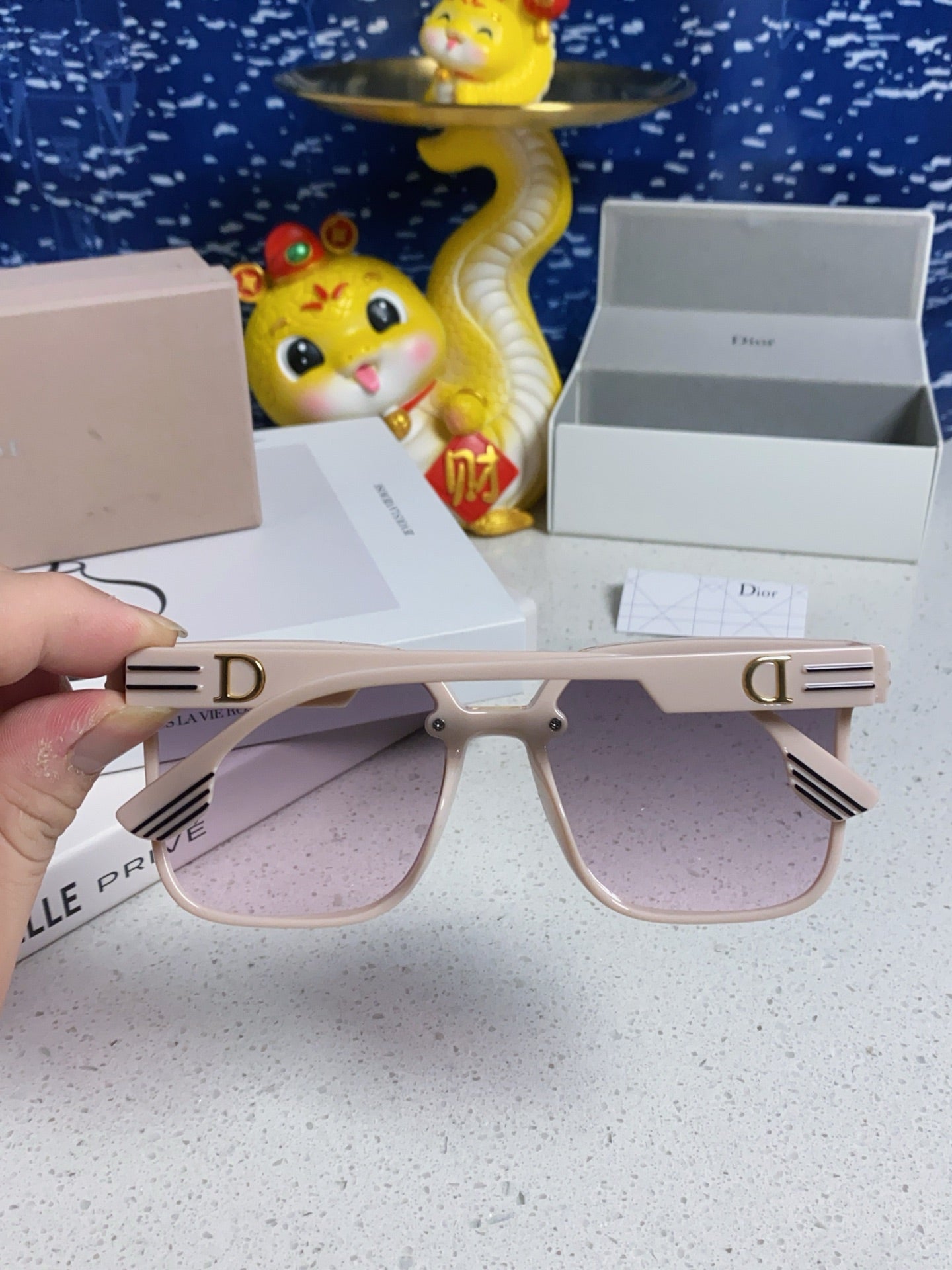 DIOR MONTAIGNE SUNGLASSES 560859 IN BEIGE ACETATE PINK SMOKE LENSES