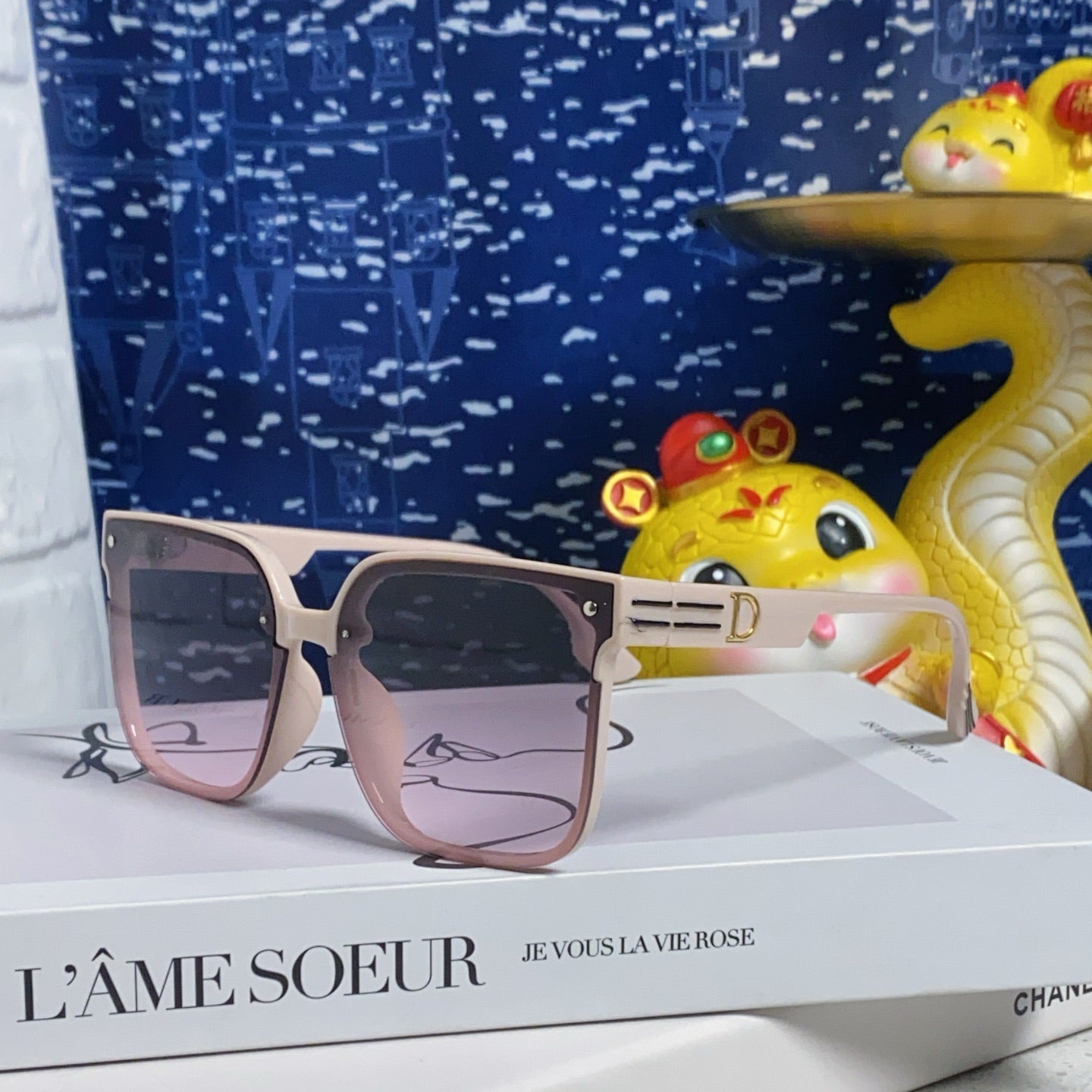 DIOR MONTAIGNE SUNGLASSES 560859 IN BEIGE ACETATE PINK SMOKE LENSES