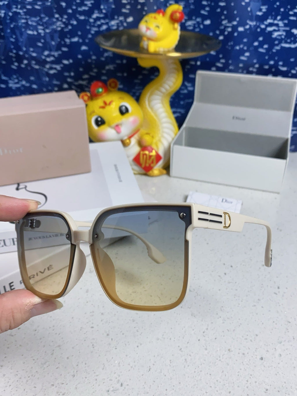 DIOR MONTAIGNE SUNGLASSES 560858 IN IVORY ACETATE GREY YELLOW SMOKE LENSES