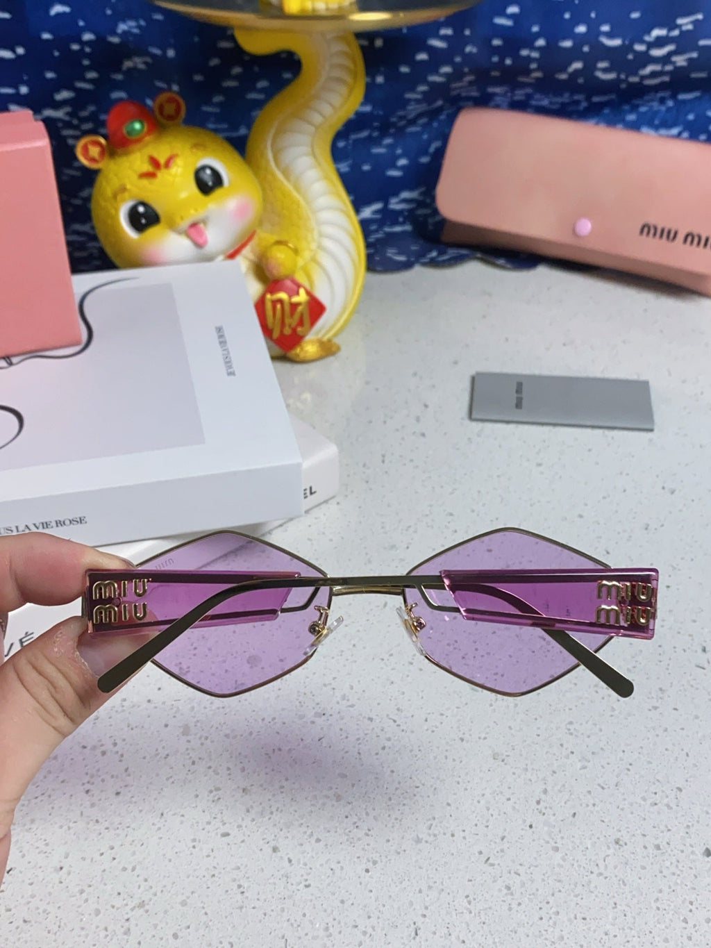 MIU MIU LOGO SUNGLASSES 560863 IN PURPLE CLEAR ACETATE GOLD METAL