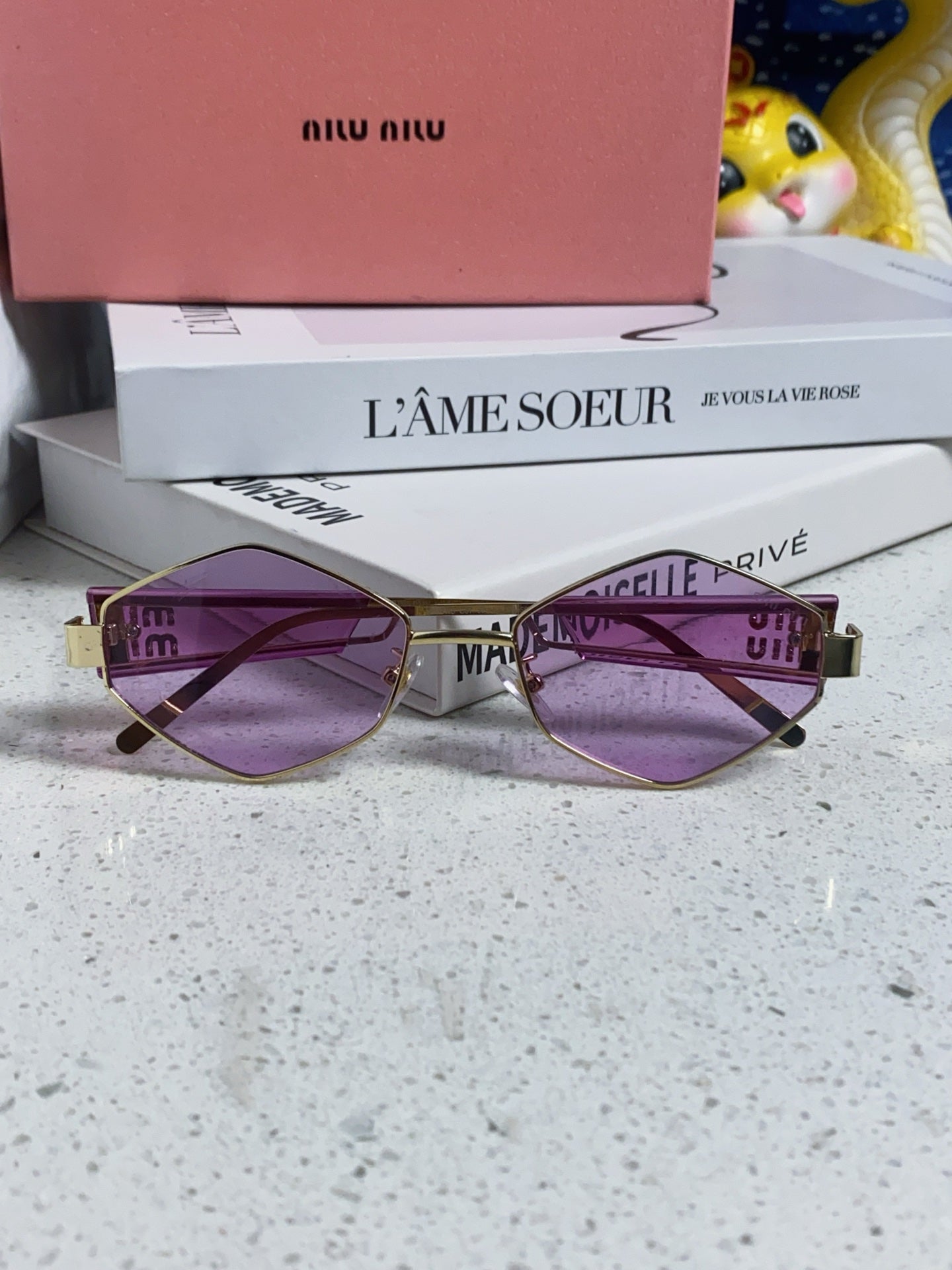 MIU MIU LOGO SUNGLASSES 560863 IN PURPLE CLEAR ACETATE GOLD METAL