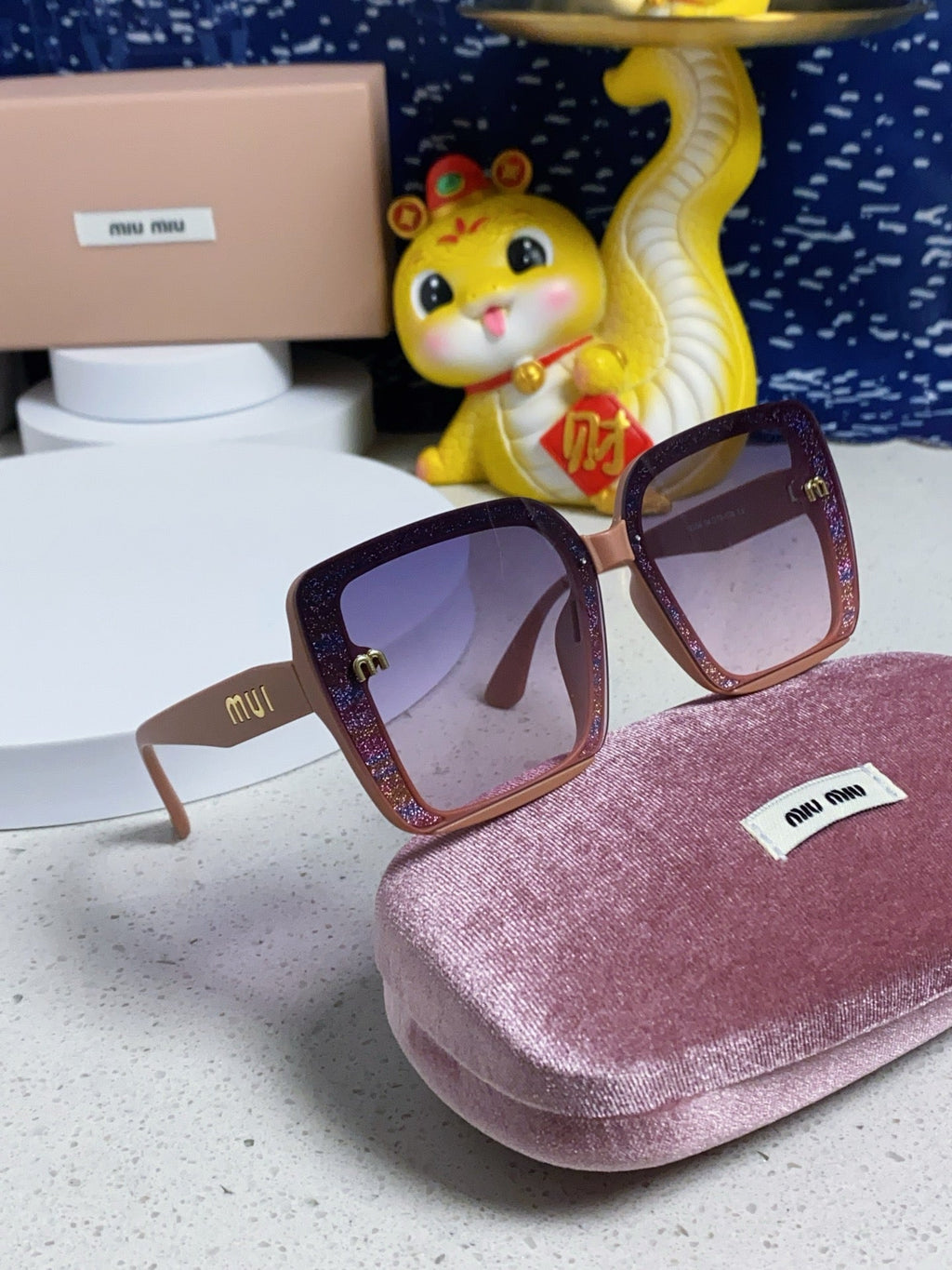 MIU MIU RUNWAY SQUARE SUNGLASSES 563198 IN TAN ROSE ACETATE
