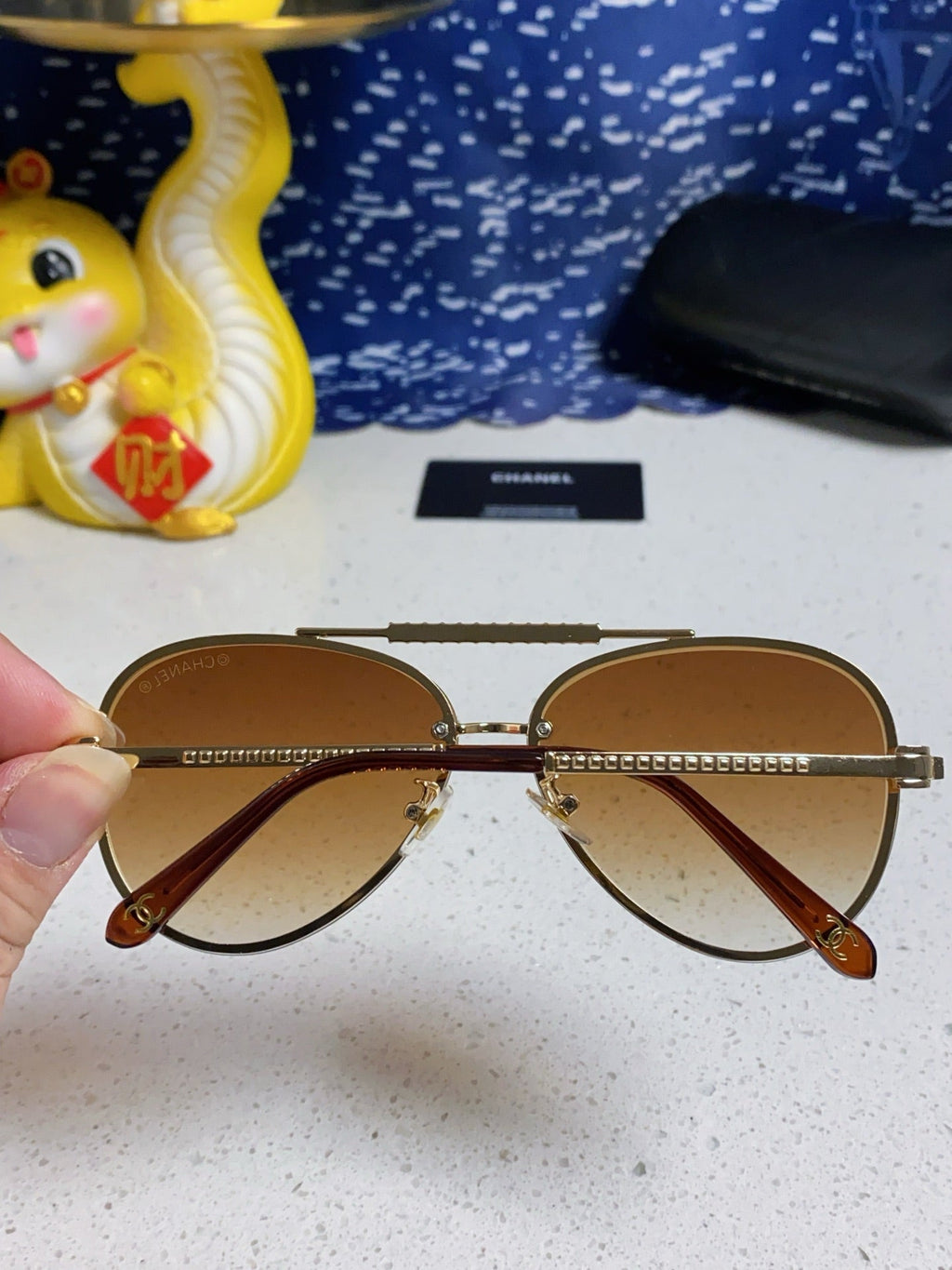 CHANEL CAT EYE SUNGLASSES 641935 IN GOLD METAL BROWN SMOKE LENSES