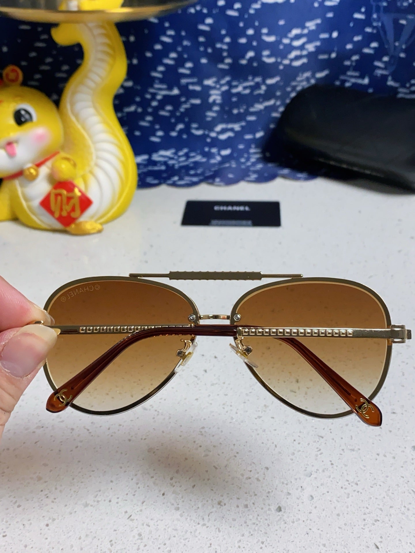 CHANEL CAT EYE SUNGLASSES 641935 IN GOLD METAL BROWN SMOKE LENSES