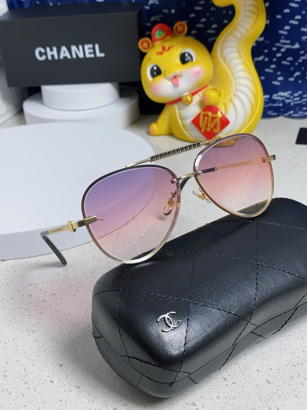 CHANEL CAT EYE SUNGLASSES 641934 IN GOLD METAL PINK SMOKE LENSES
