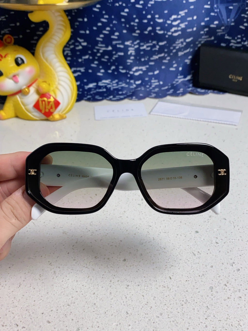 CELINE TRIOMPHE SQUARE SUNGLASSES 566739 IN BLACK AND WHITE ACETATE