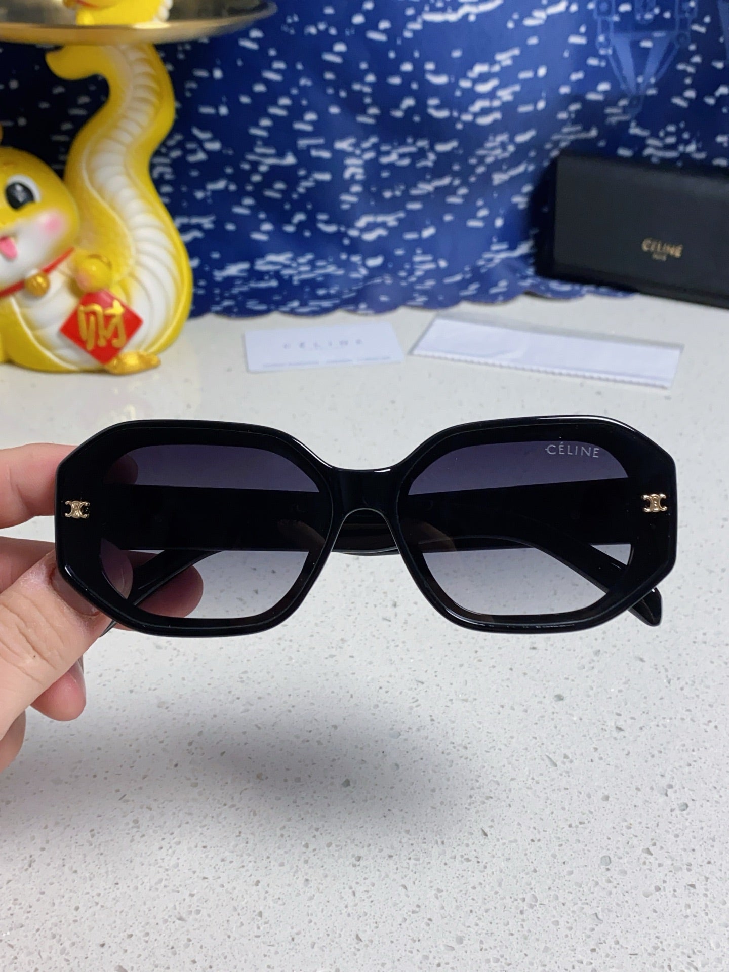CELINE TRIOMPHE SQUARE SUNGLASSES 566743 IN BLACK ACETATE GRADIENT SMOKE LENSES
