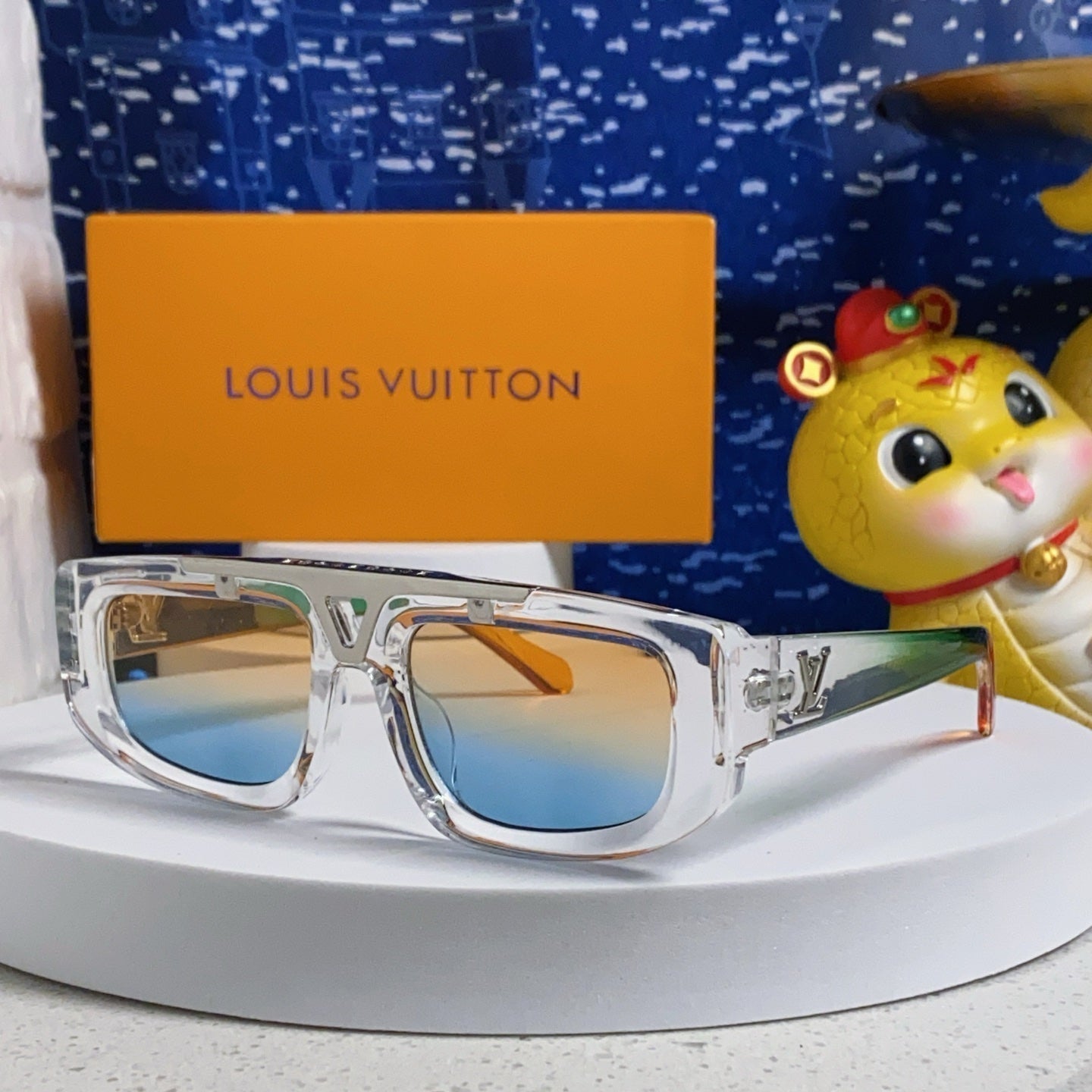 LOUIS VUITTON CLASH PILOT SUNGLASSES 567477 IN CLEAR MIX MULTICOLOR ACTETE SILVER METAL