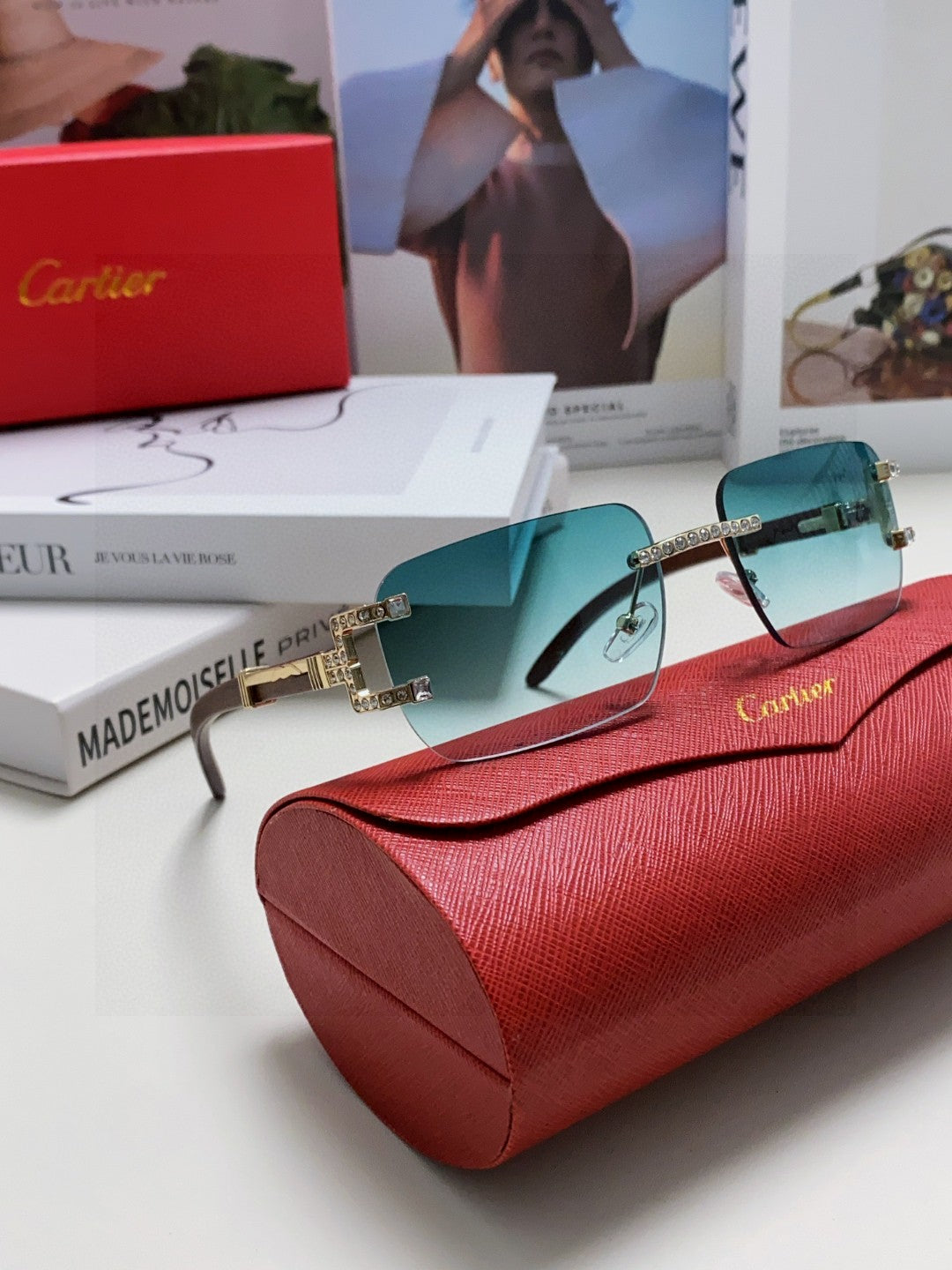 CARTIER CRYSTAL STUDDED RECTANGULAR FRAME SUNGLASSES 533159 IN METAL