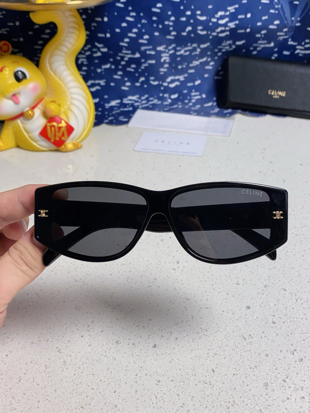 CELINE TRIOMPHE SUNGLASSES 533220 IN BLACK ACETATE GOLD LOGO