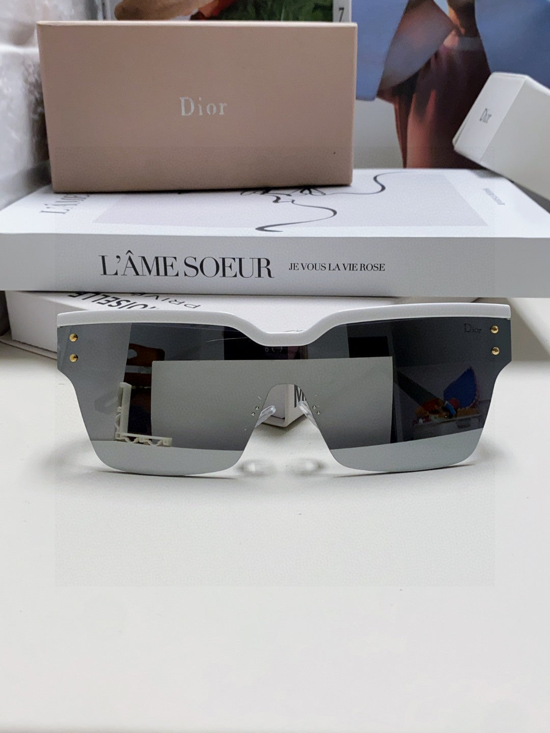 DIOR OBLIQUE SUNGLASSES 571600 IN WHITE METAL BLACK MIRROR LENSES