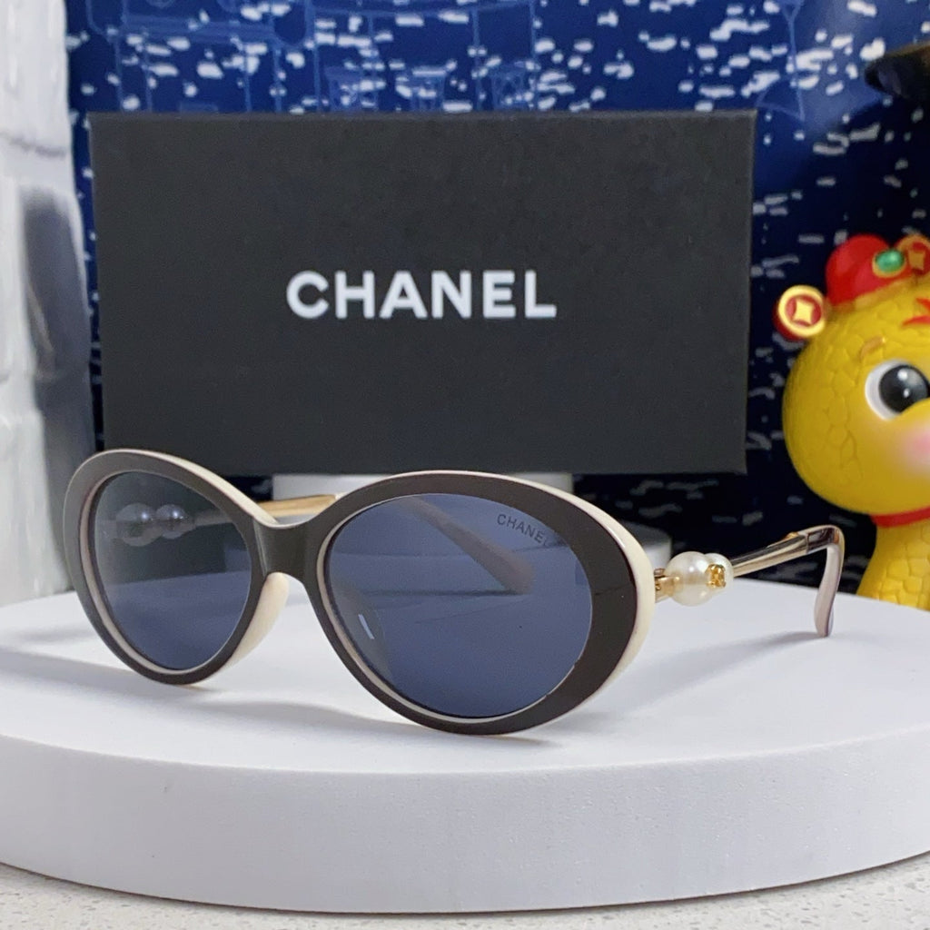 CHANEL OVAL SUNGLASSES 640343 IN IVORY BROWN ACETATE METAL FRAME EMBOSSED PEARL