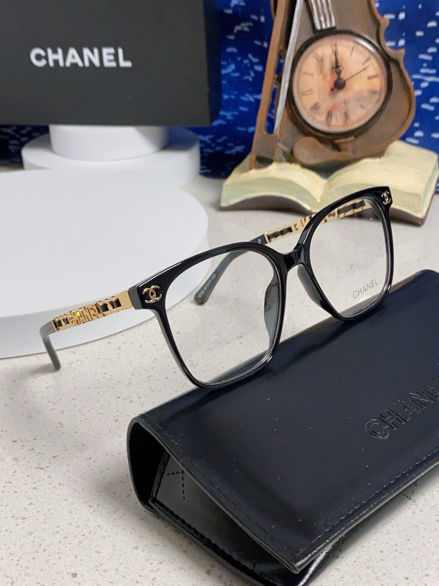 CHANEL SQUARE SUNGLASSES 632030 IN BLACK ACETATE CLEAR LENSES